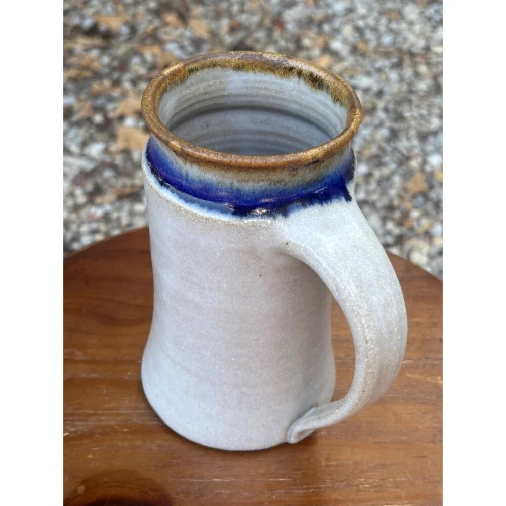 Handmade Studio Pottery Stoneware Pitcher White Blue Brown Glaze Signed